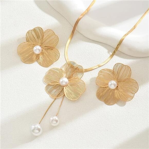 Gold Jewelry Sets for Women, Gold Floral Necklace and Earring Set - Picture 5 of 7